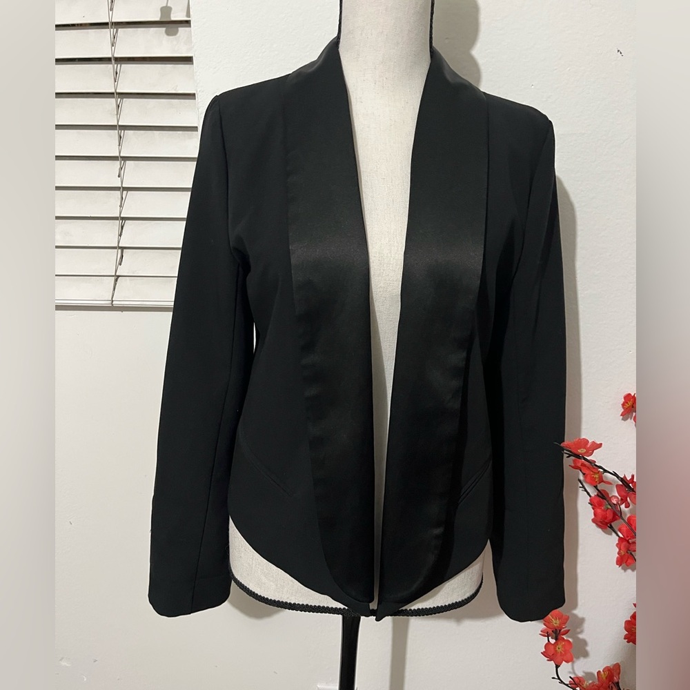 Aqua Black Satin-Trim Open Front Blazer
